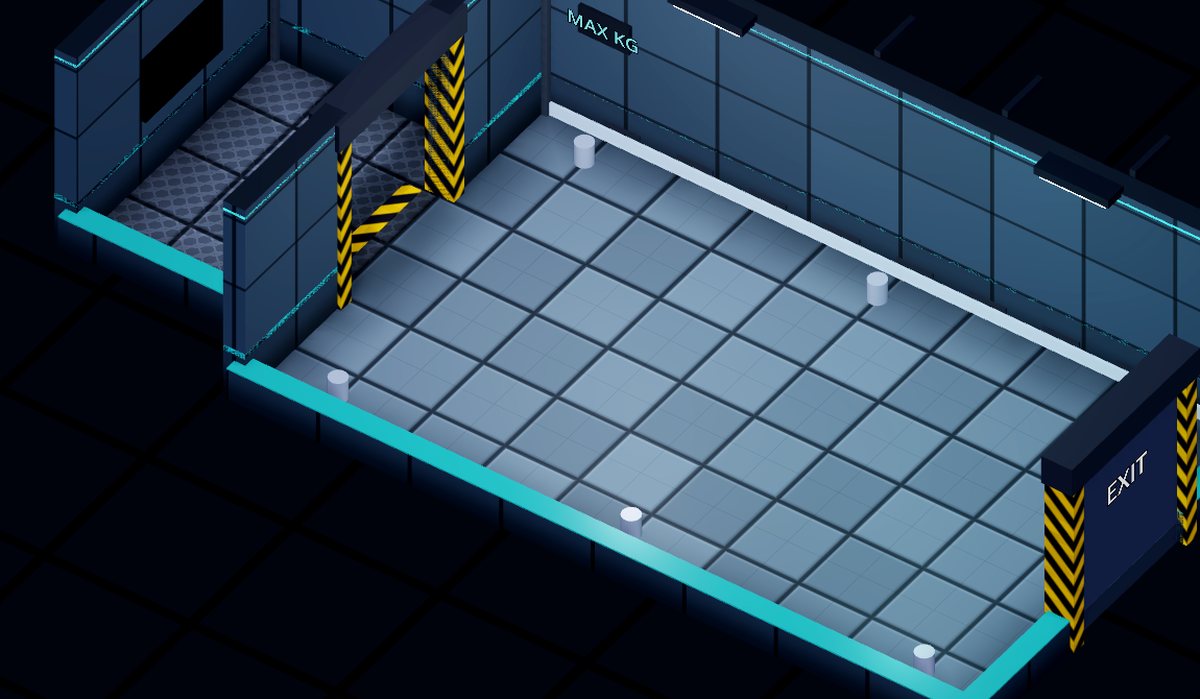 Looking into a room from the doorway: a long tiled room with an exit at the far end
